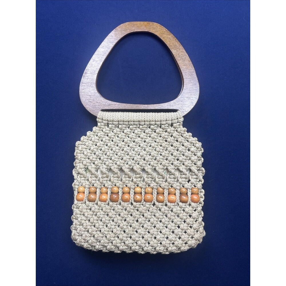 Vintage Macrame Handbag Purse Wood Handles Beige Boho Hippie Handmade 1970s